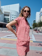 Red/White Stripe Short Sleeve Shirt with Linen - Image 1 of 9