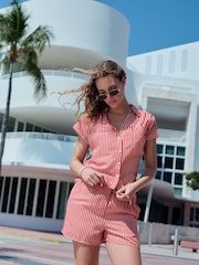 Red/White Stripe Short Sleeve Shirt with Linen - Image 2 of 9
