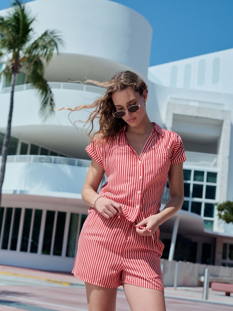 Red/White Stripe Short Sleeve Shirt with Linen - Image 2 of 9