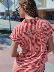 Red/White Stripe Short Sleeve Shirt with Linen - Image 5 of 9