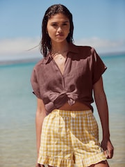 Chocolate Brown 100% Linen Tie Front Short Sleeve Shirt - Image 1 of 6