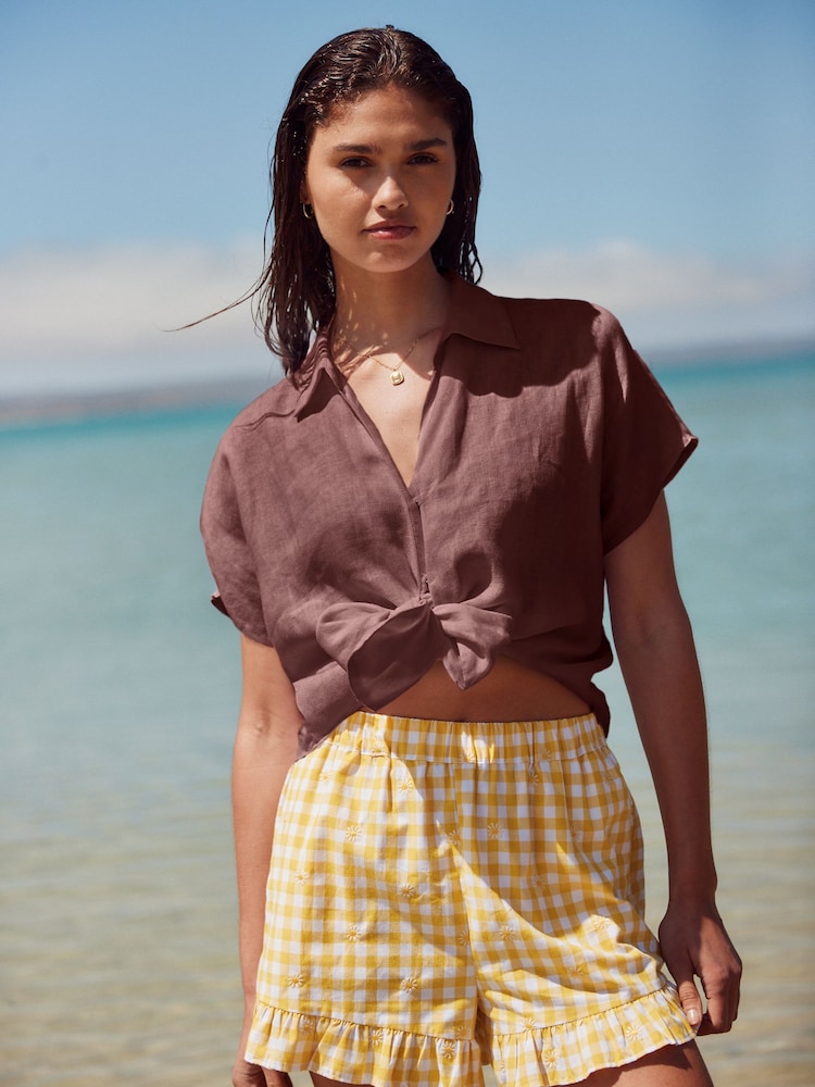 Chocolate Brown 100% Linen Tie Front Short Sleeve Shirt - Image 1 of 6