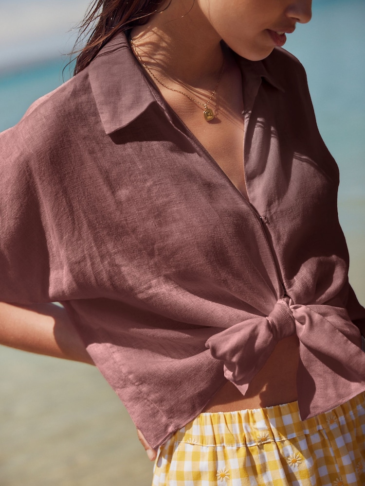 Chocolate Brown 100% Linen Tie Front Short Sleeve Shirt - Image 2 of 6