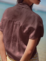 Chocolate Brown 100% Linen Tie Front Short Sleeve Shirt - Image 3 of 6