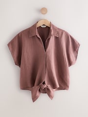 Chocolate Brown 100% Linen Tie Front Short Sleeve Shirt - Image 4 of 6