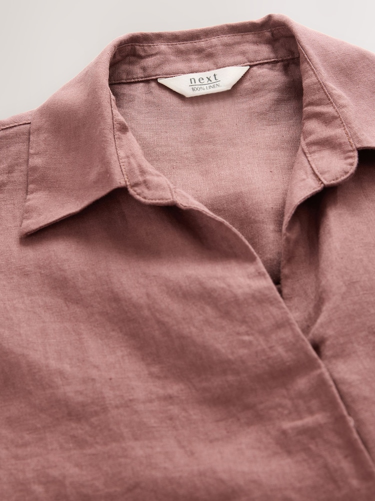 Chocolate Brown 100% Linen Tie Front Short Sleeve Shirt - Image 6 of 6