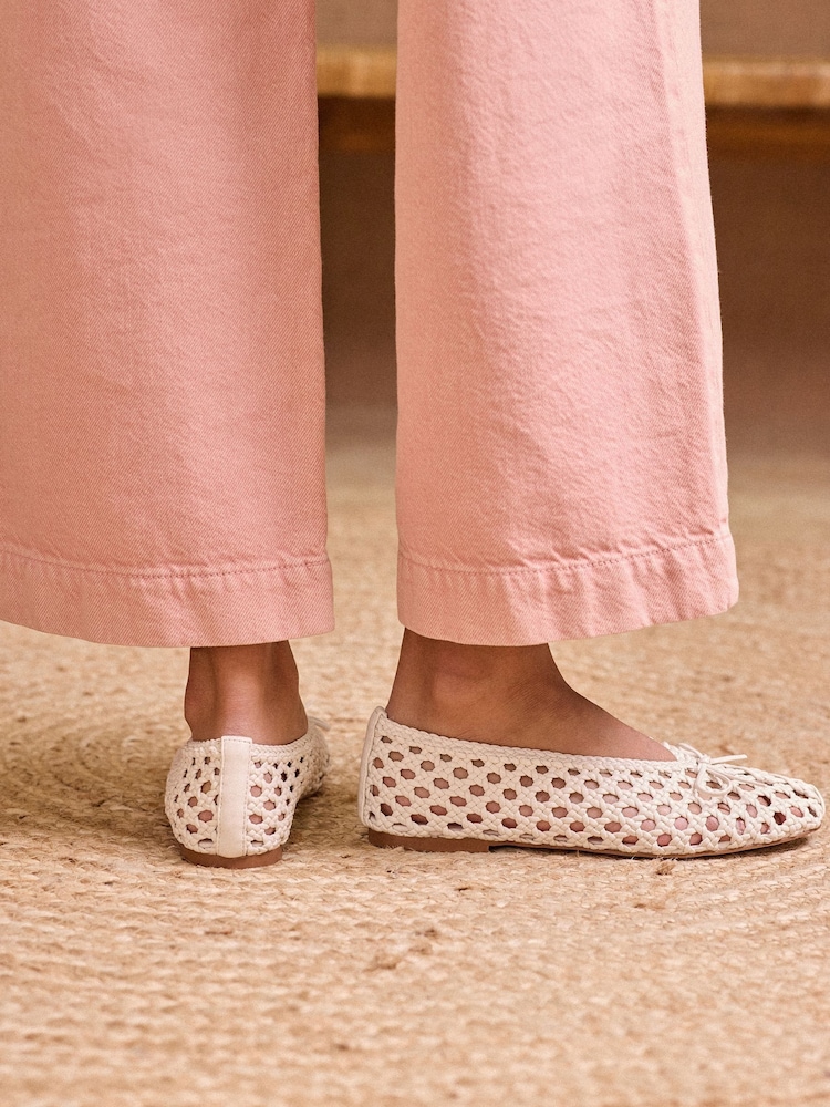 Love & Roses Ecru Woven Crochet Faux Leather Ballerina Pump Shoes - Image 4 of 5