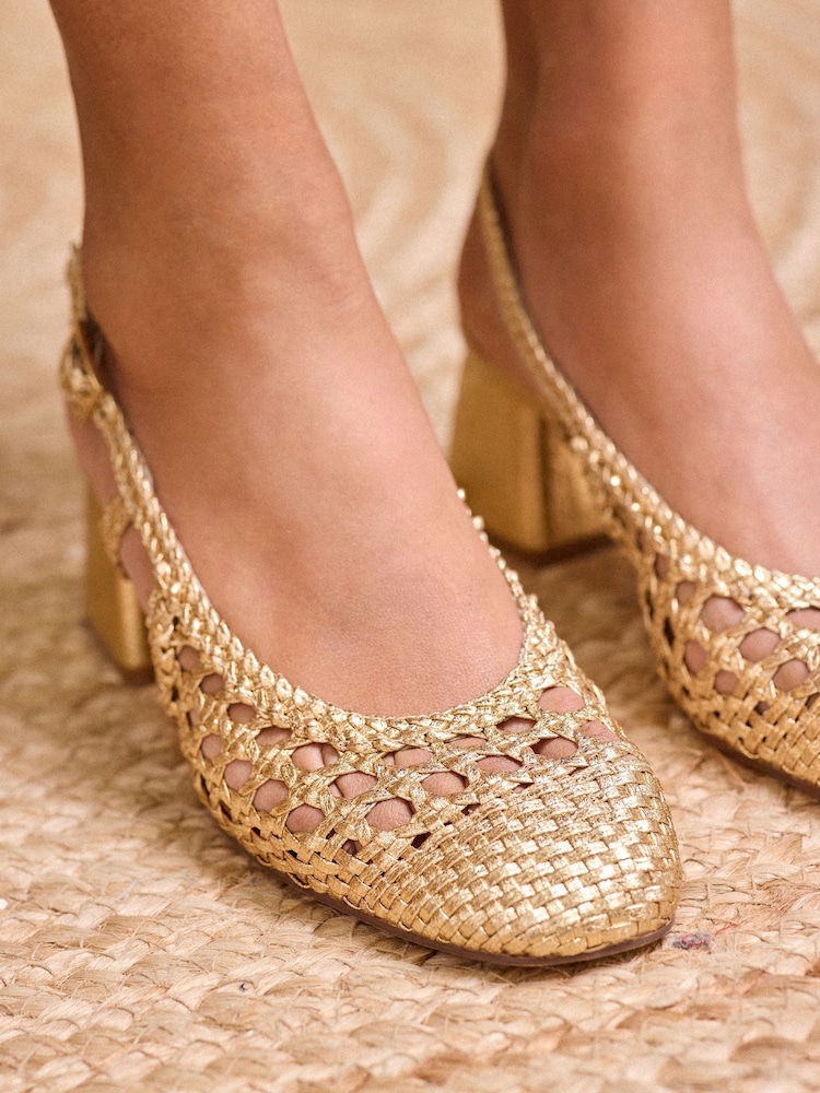 Love & Roses Gold Woven Slingback Faux Leather Low Block Heels Court Shoes - Image 2 of 5