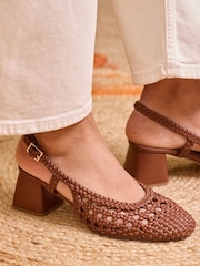 Love & Roses Tan Woven Slingback Faux Leather Low Block Heels Court Shoes - Image 1 of 5