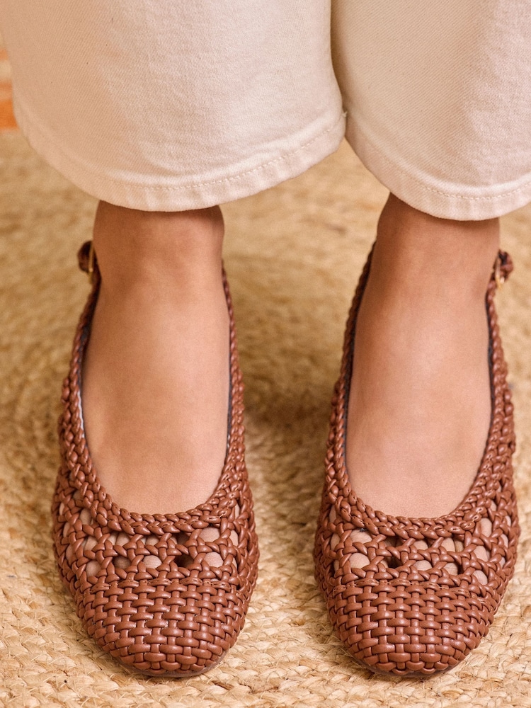 Love & Roses Tan Woven Slingback Faux Leather Low Block Heels Court Shoes - Image 2 of 5