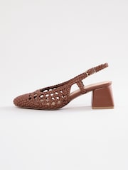 Love & Roses Tan Woven Slingback Faux Leather Low Block Heels Court Shoes - Image 5 of 5