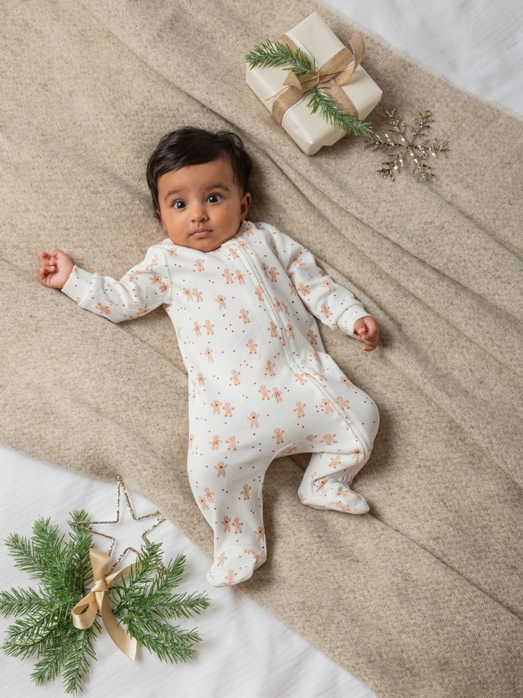 Mamas & Papas Cream Gingerbread Christmas Zip 100% Cotton Sleepsuit - Image 1 of 3
