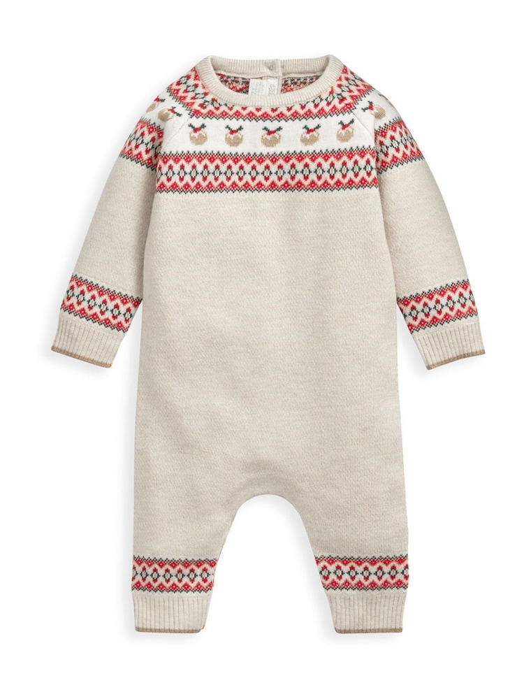 Mamas & Papas Fairailse Knit Christmas Brown Romper - Image 1 of 4
