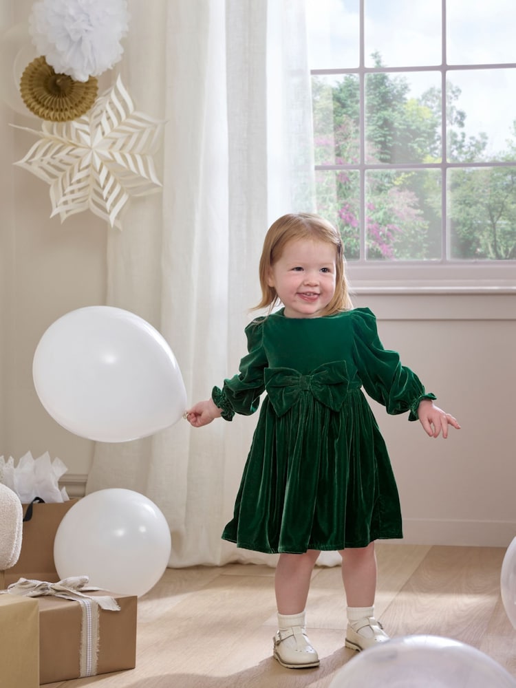 Mamas & Papas Green Velvet Bow Dress - Image 1 of 5