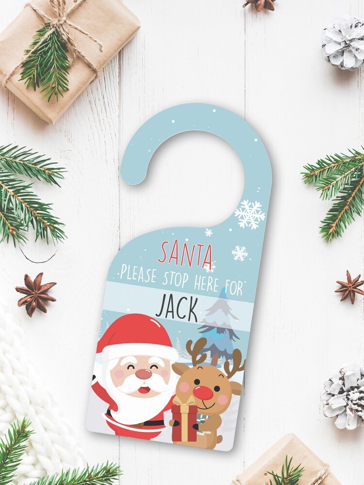 Natural Personalised Santa and Reindeer Christmas Door Sign by Loveabode - Image 1 of 4 Natural Personalised Santa and Reindeer Christmas Door Sign by Loveabode - Image 1 of 4