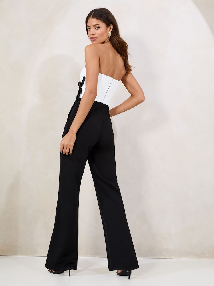 Lipsy Black & White Embellished Floral Trim Bandeau Jumpsuit - Image 4 of 4