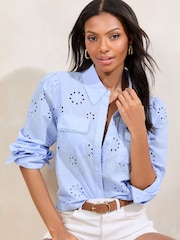 Lipsy Blue 100% Cotton Broderie Utility Pocket Shirt - Image 1 of 4