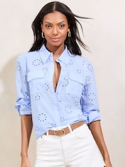 Lipsy Blue 100% Cotton Broderie Utility Pocket Shirt - Image 2 of 4