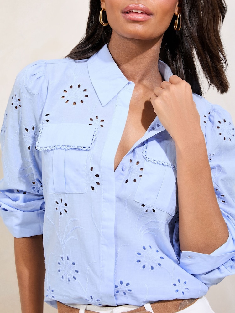 Lipsy Blue 100% Cotton Broderie Utility Pocket Shirt - Image 4 of 4