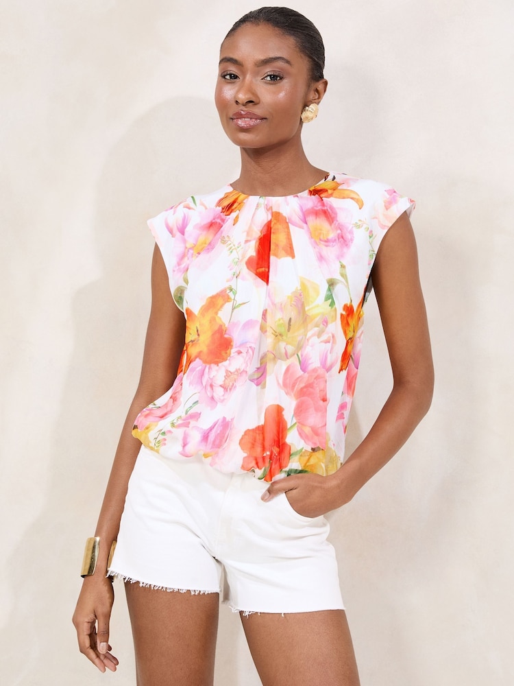 Lipsy White Floral Sleeveless Bubble Hem Printed Top - Image 1 of 4