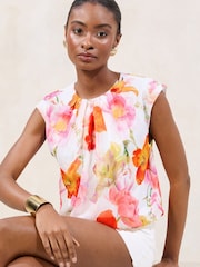 Lipsy White Floral Sleeveless Bubble Hem Printed Top - Image 3 of 4