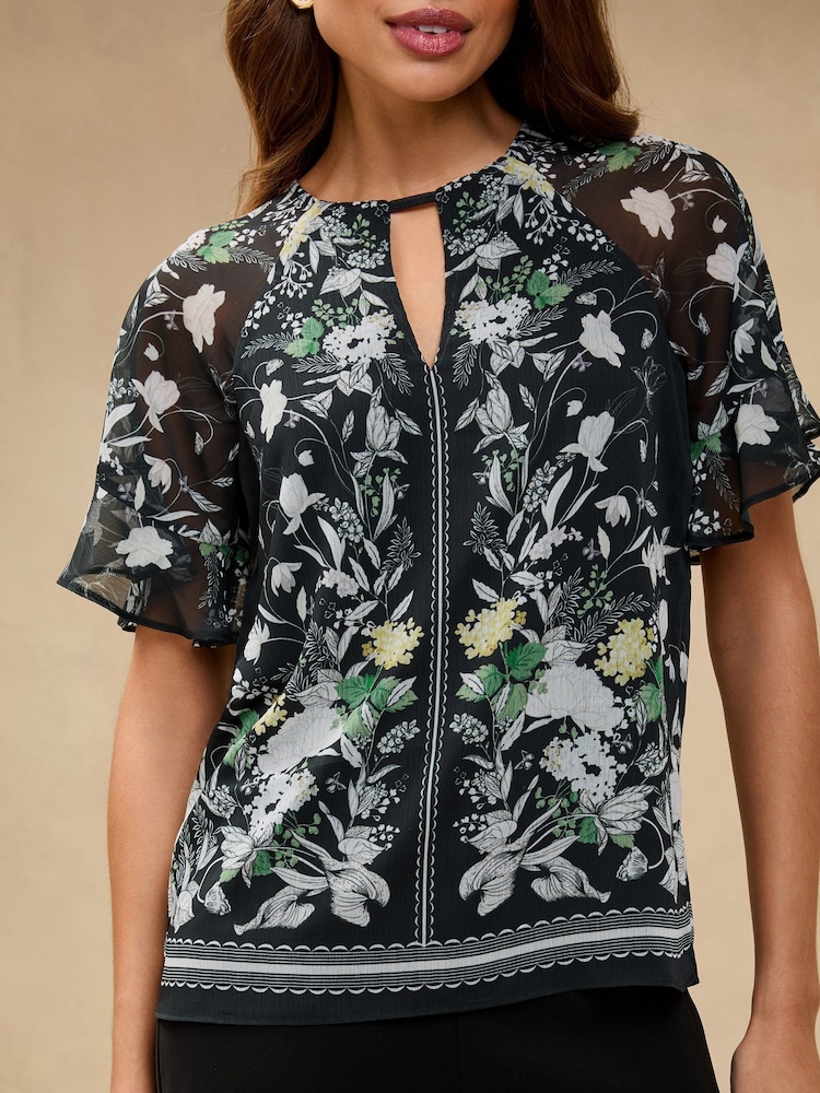 Schwarz mit floralem Print - Lipsy – Bluse mit transparenten Rüschenärmeln - Image 2 of 4