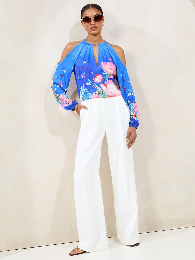 Lipsy Blue Printed Satin Cold Shoulder Top - Image 1 of 4 Lipsy Blue Printed Satin Cold Shoulder Top - Image 1 of 4