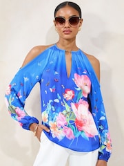 Lipsy Blue Printed Satin Cold Shoulder Top - Image 2 of 4