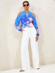 Lipsy Blue Printed Satin Cold Shoulder Top - Image 3 of 4