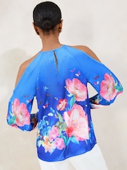 Lipsy Blue Printed Satin Cold Shoulder Top - Image 4 of 4