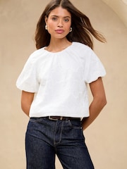 Lipsy White Bubble Hem Puff Sleeve Embroidered T-Shirt - Image 1 of 4