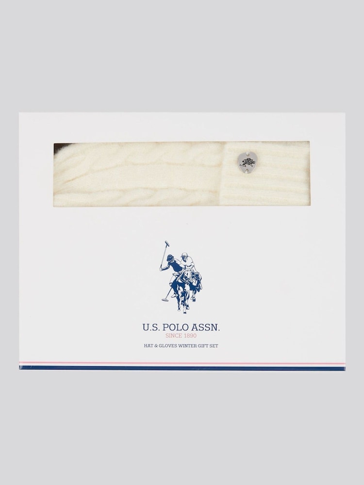 U.S. Polo Assn. White Womens Signature Cable Knit Winter Beanie and Gloves Set - Image 1 of 4