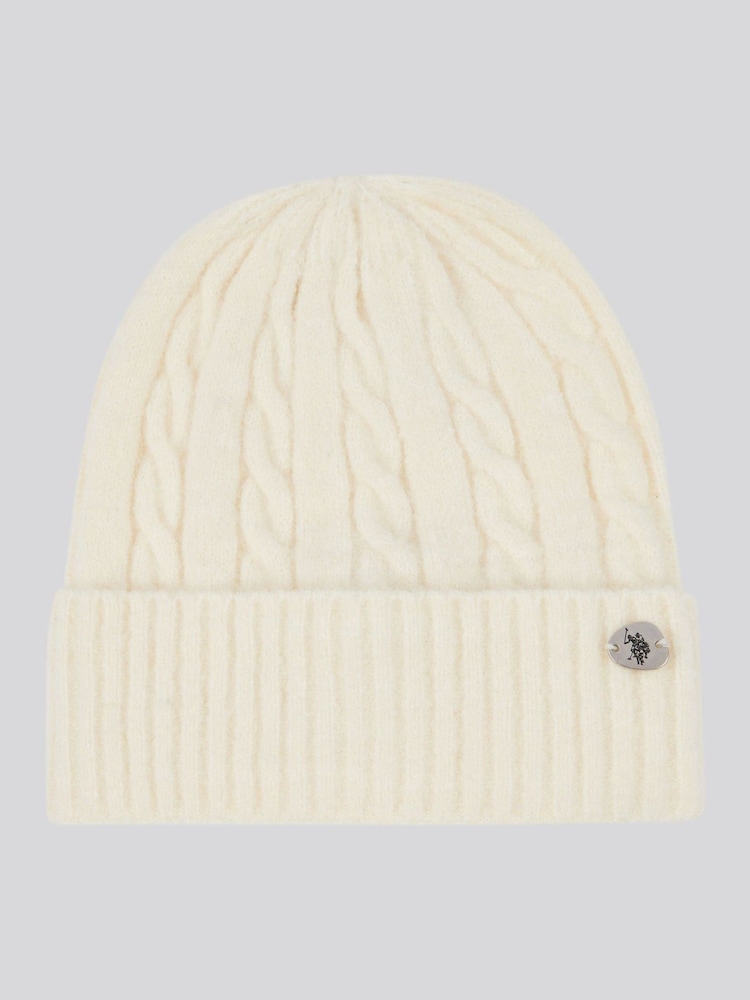 U.S. Polo Assn. White Womens Signature Cable Knit Winter Beanie and Gloves Set - Image 2 of 4
