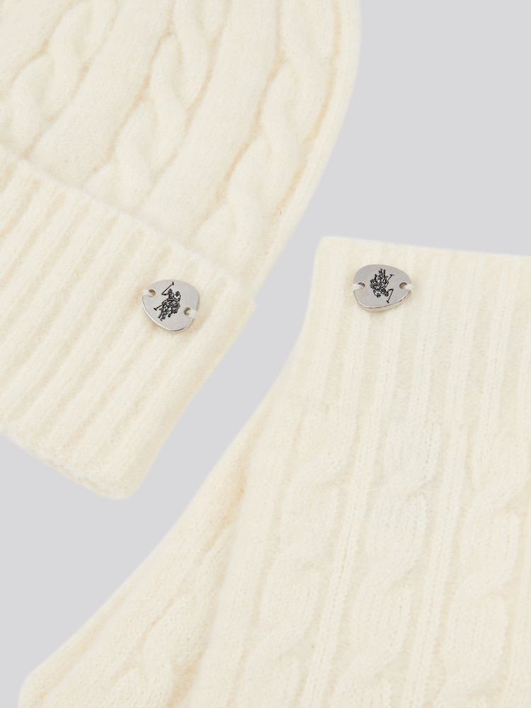 U.S. Polo Assn. White Womens Signature Cable Knit Winter Beanie and Gloves Set - Image 4 of 4