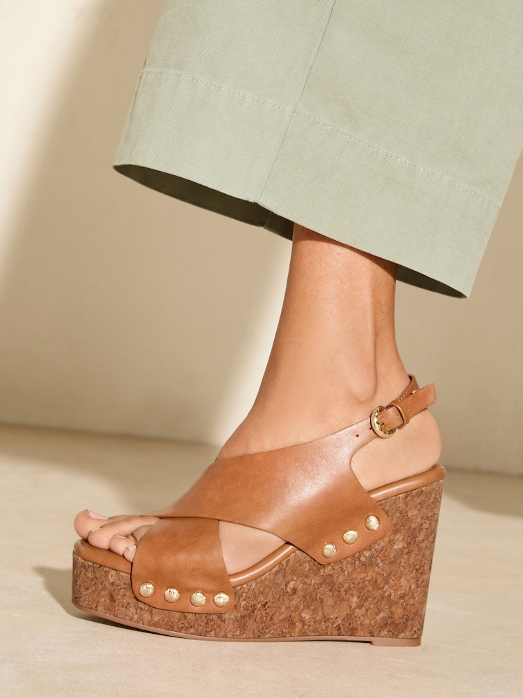 Friends Like These Brown Millie Mackintosh Cross Strap Comfort Faux Leather Wedge Clog Sandals - Image 1 of 5
