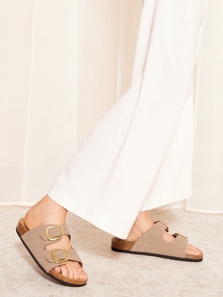 Friends Like These Neutral Wide Fit Double Strap Buckle Footbed Comfort Slider Sandals - Image 1 of 5