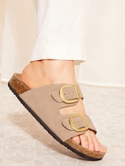 Friends Like These Neutral Wide Fit Double Strap Buckle Footbed Comfort Slider Sandals - Image 4 of 5
