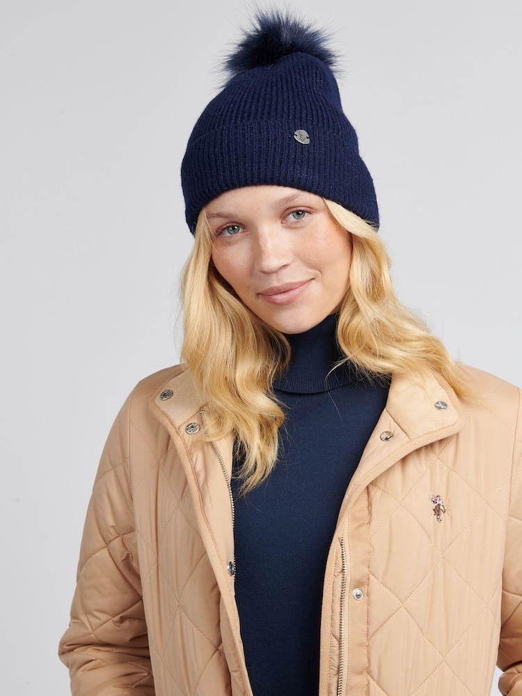 U.S. Polo Assn Blue Metallic Faux Fur Womens Bobble Beanie - Image 1 of 7