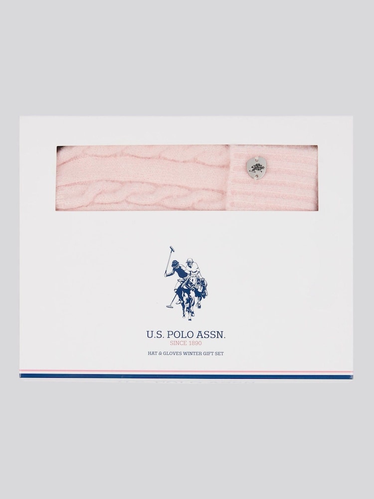 U.S. Polo Assn. Pink Womens Signature Cable Knit Winter Beanie and Gloves Set - Image 1 of 4