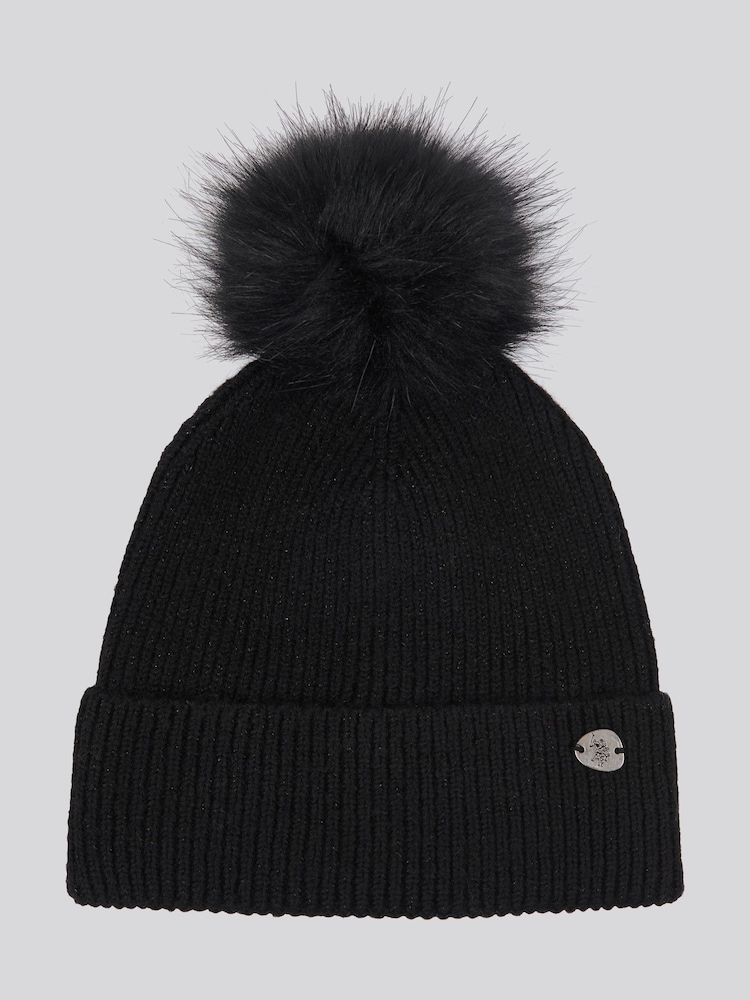 U.S. Polo Assn Black Metallic Faux Fur Womens Bobble Beanie - Image 1 of 3