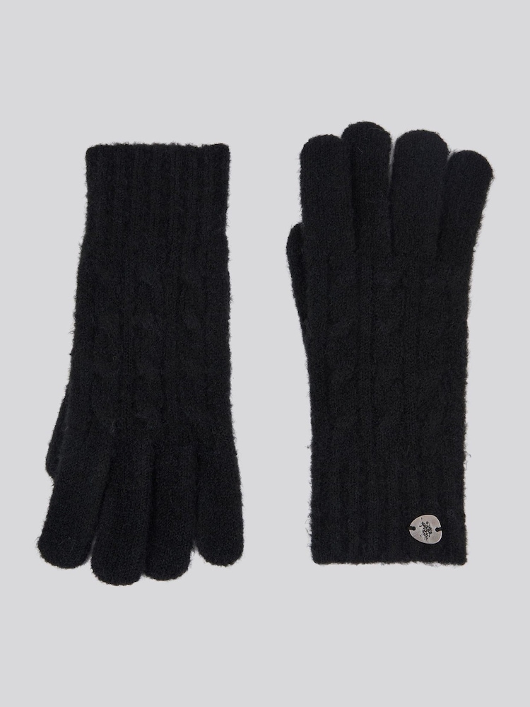 U.S. Polo Assn. Black Womens Signature Cable Knit Winter Beanie and Gloves Set - Image 2 of 4