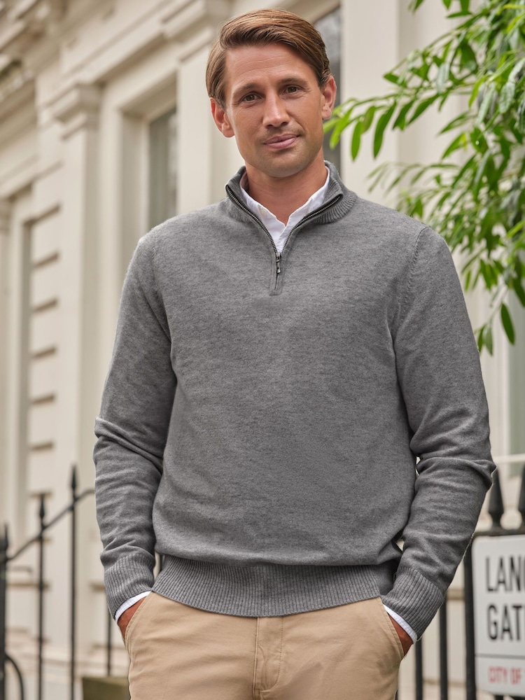 Pure Collection Grey Cashmere Quarter Zip Sweater - Image 1 of 3