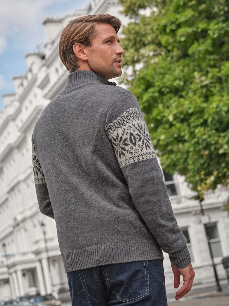 Pure Collection Grey Merino Quarter Zip Fairisle Pattern Jumper - Bild 2 von 3