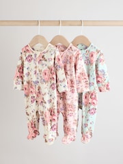Pink Grün - 3er-Pack geblümte Schlaganzüge aus 100  % Baumwolle mit Druckknöpfen für Babys - Bild 1 von 11