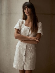 Mint Velvet White Sequin Boucle Mini Dress - Image 2 of 7
