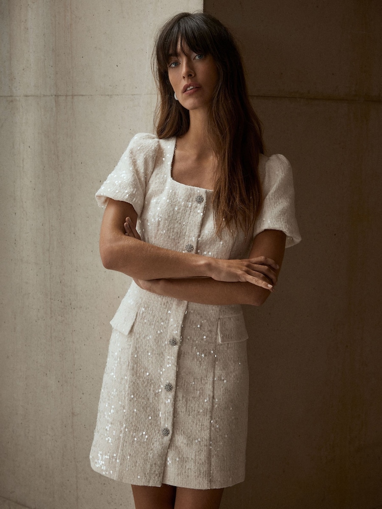 Mint Velvet White Sequin Boucle Mini Dress - Image 2 of 7