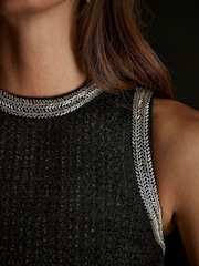 Mint Velvet Black Metallic Beaded Trim Boucle Top - Image 5 of 7