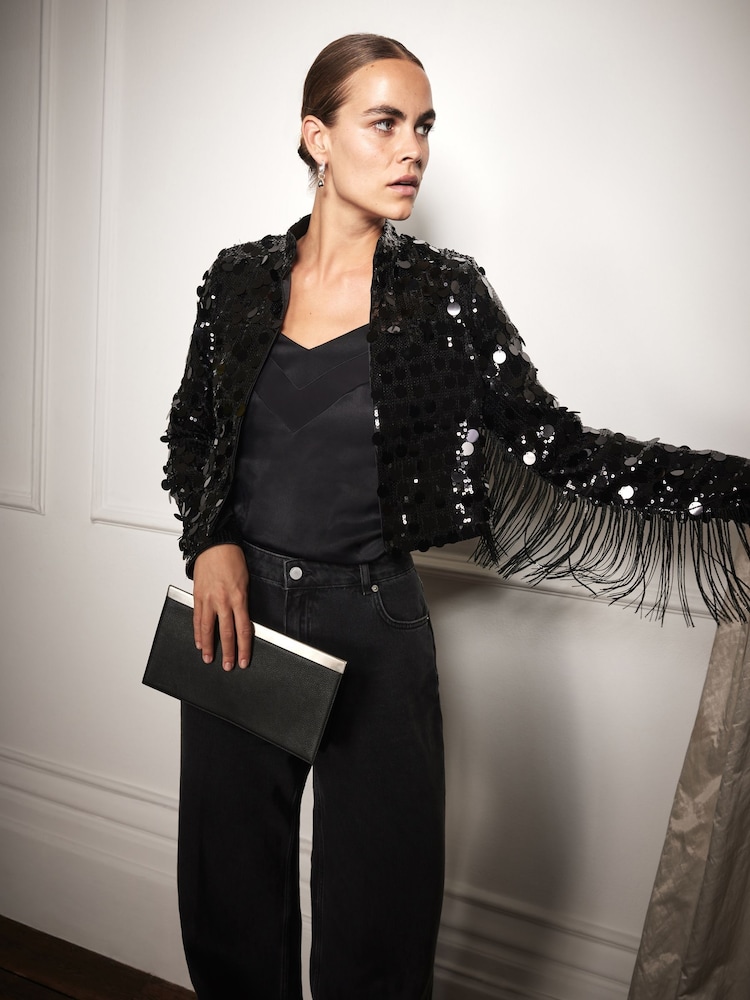 Mint Velvet Black Sequin Fringed Shrug - Image 1 of 7 Mint Velvet Black Sequin Fringed Shrug - Image 1 of 7