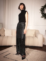 Mint Velvet Black Sequin Velvet Trousers - Image 2 of 6