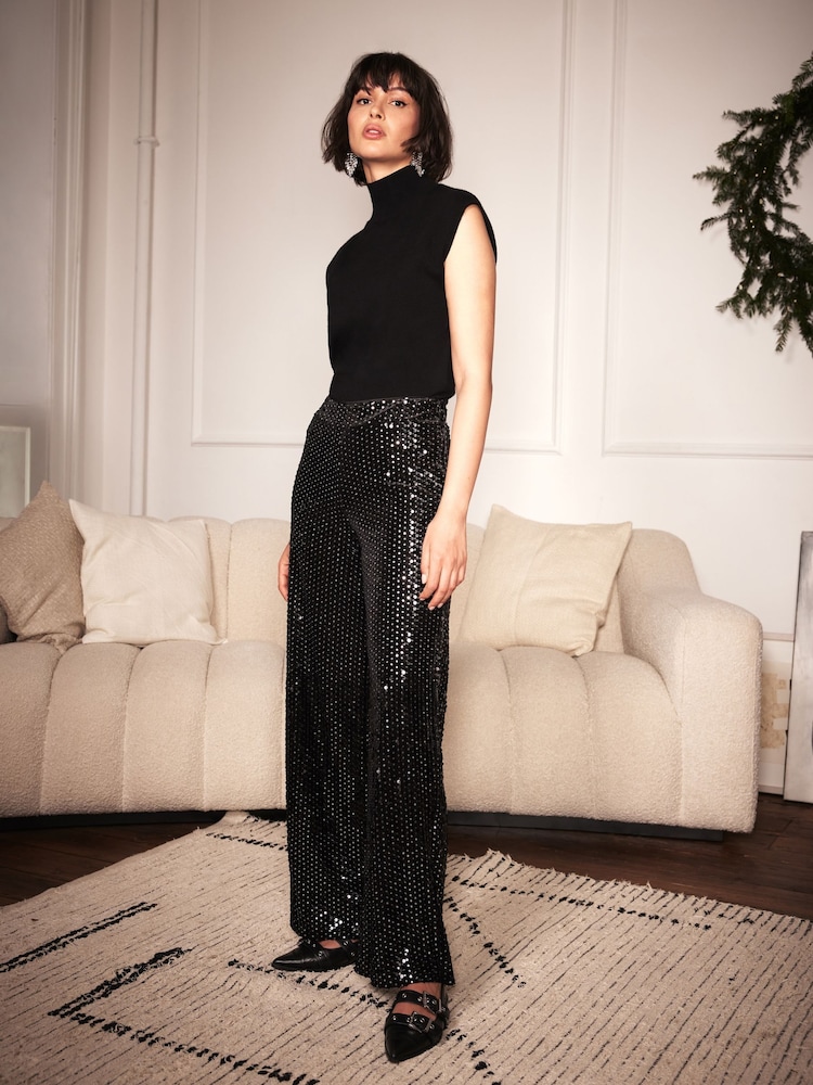 Mint Velvet Black Sequin Velvet Trousers - Image 2 of 6 Mint Velvet Black Sequin Velvet Trousers - Image 2 of 6